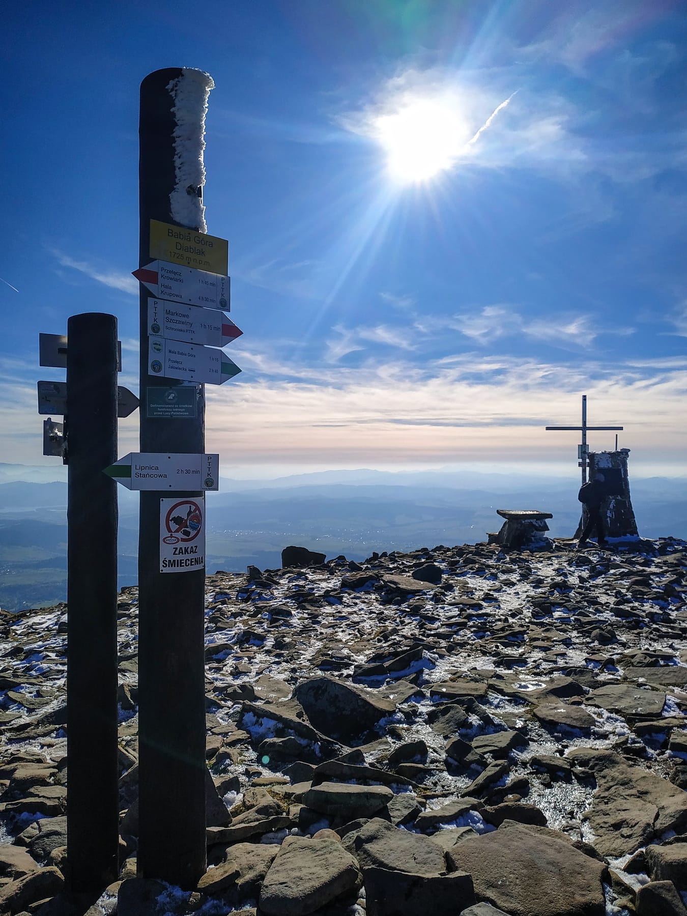 Drogowskaz na szczycie Diablaka — Babia Góra 1725 m, w tle krzyż szczytowy
