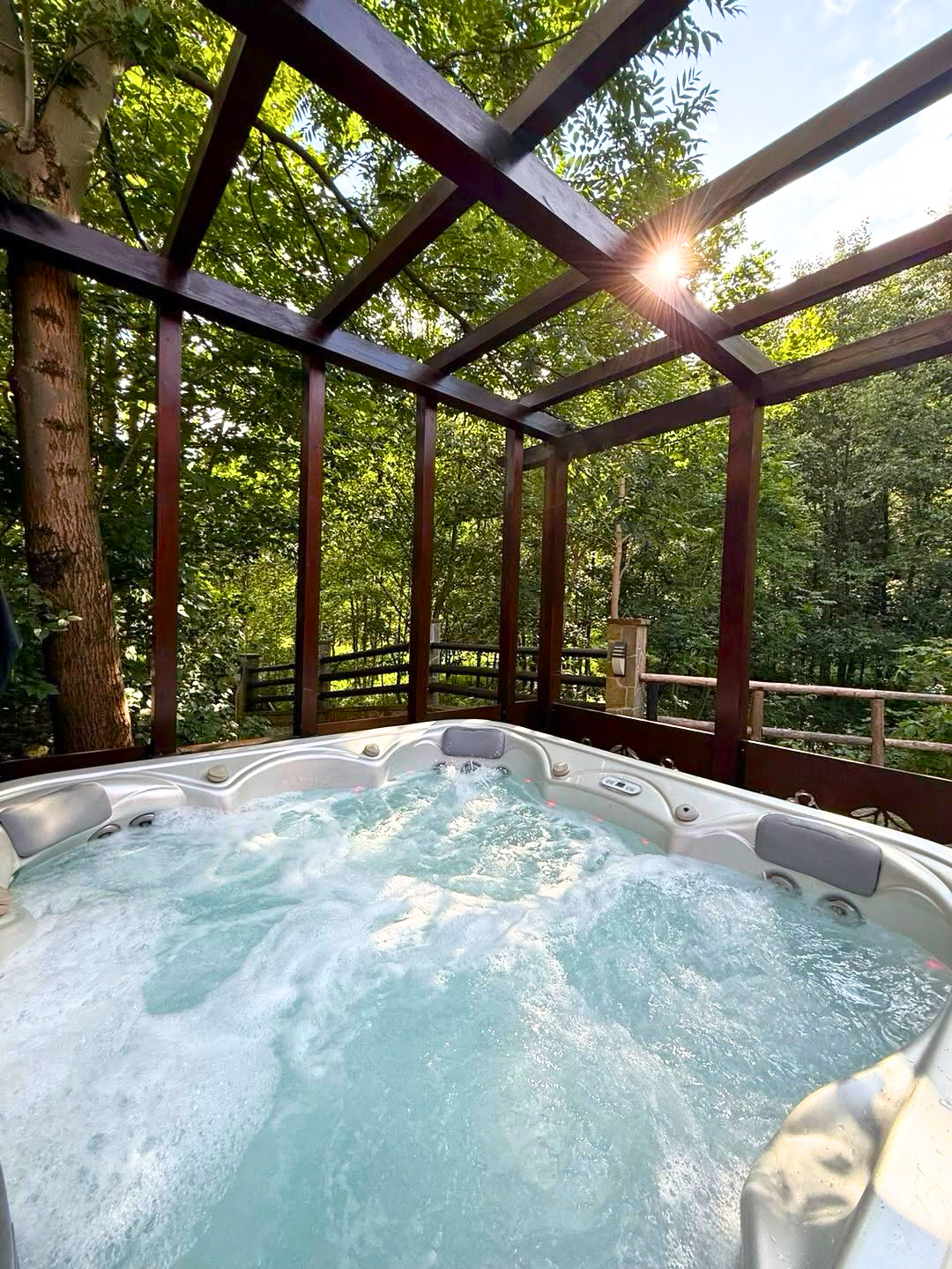 Całoroczne jacuzzi zewnętrzne z widokiem na potok i las.